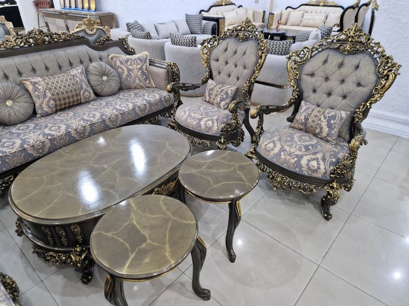 Royal Baroque Charcoal & Gold Carved Living Room Suite with Slate Blue Damask Upholstery - Image 1