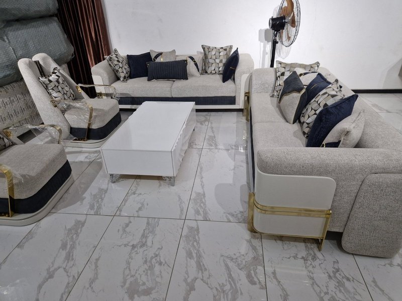 Contemporary Light Grey & Navy Blue Living Room Sofa Suite with Gold Metal Frame Accents - Image 2