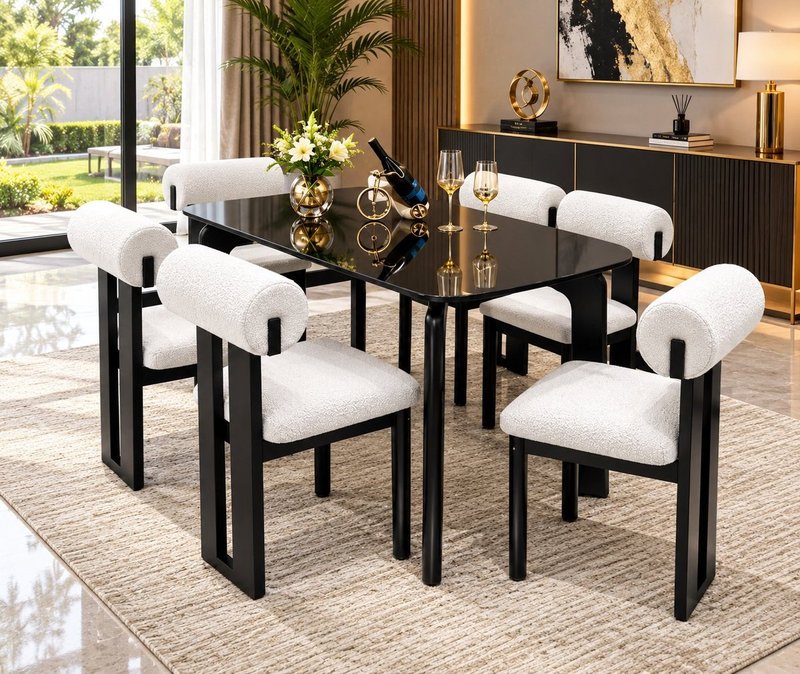 Modern Architectural Glass & Bouclé 6-Seater Dining Set - Image 3