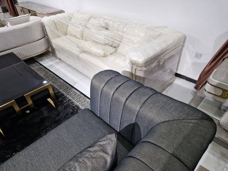 Charcoal Grey & Gold Channel-Tufted Sectional Living Room Suite with Animal Print Accent Chairs - Image 4
