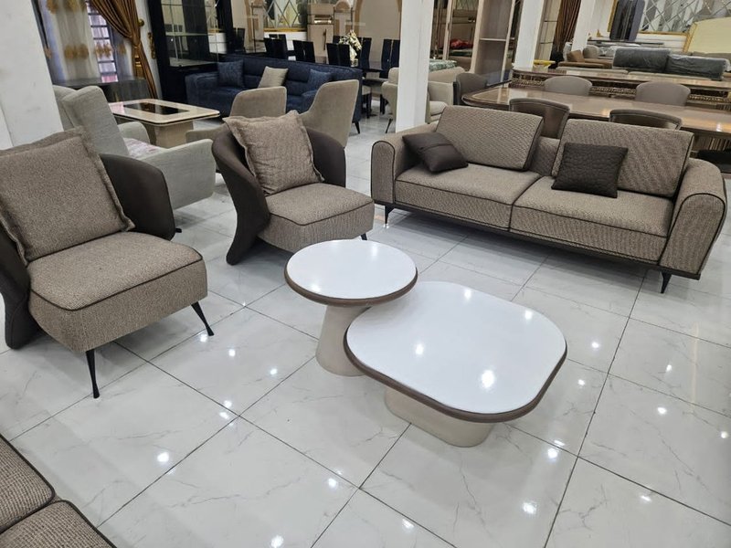 Modern Taupe & Mocha Textured Fabric Living Room Sofa Set - Image 2