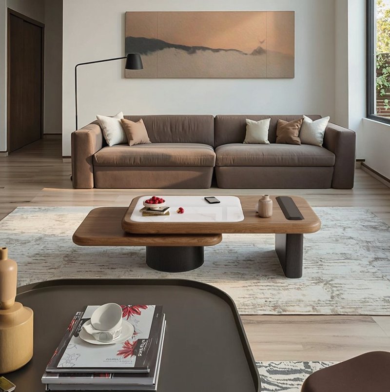 Modern Two-Tier Walnut & Marble Smart Coffee Table with Built-In Speaker & Wireless Charging - Image 3