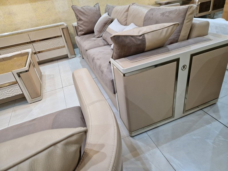 Modern Luxury Cream & Beige Sofa Set with TV Stand, Coffee Table & Side Stools - Image 2