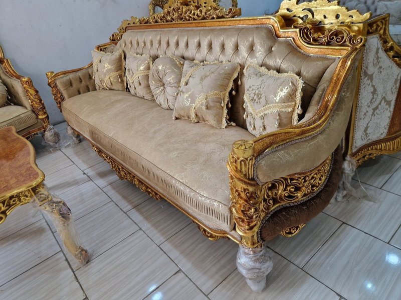 Egyptian Royal Imperial Hand-Carved Gold & Champagne Sofa Set - Image 1