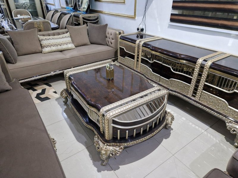 Royal Turkish High-Gloss Dark Walnut & Gold Living Room and Dining Suite - Image 2