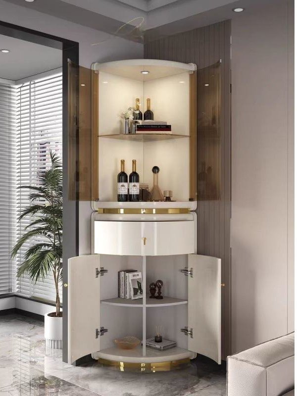 Modern Minimalist Curved White & Gold Corner Bar Cabinet - Image 2