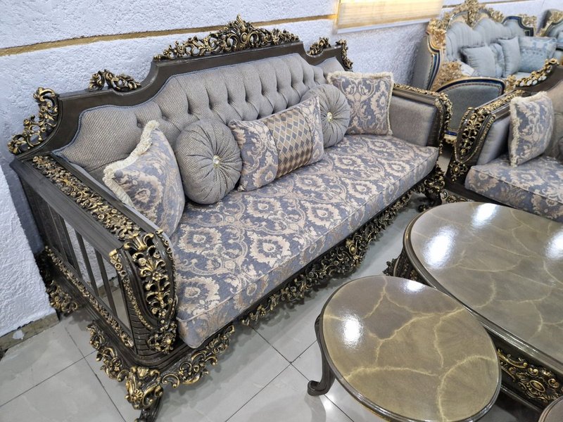 Royal Baroque Charcoal & Gold Carved Living Room Suite with Slate Blue Damask Upholstery - Image 2