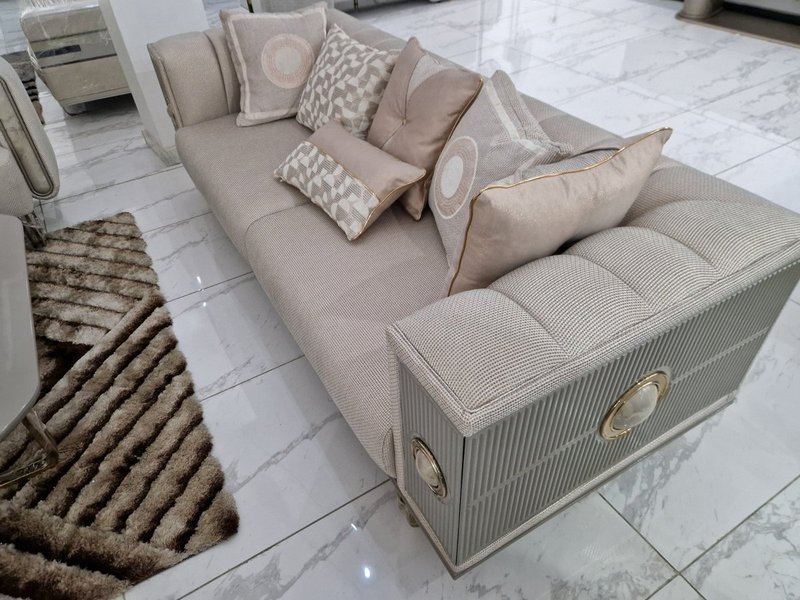 Luxury Cream Beige Upholstered Living Room Suite with Gold Metallic Medallions - Image 2