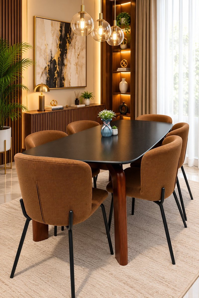 Modern Nordic Black Table 6-Seater Dining Set with Upholstered Chairs - Image 3