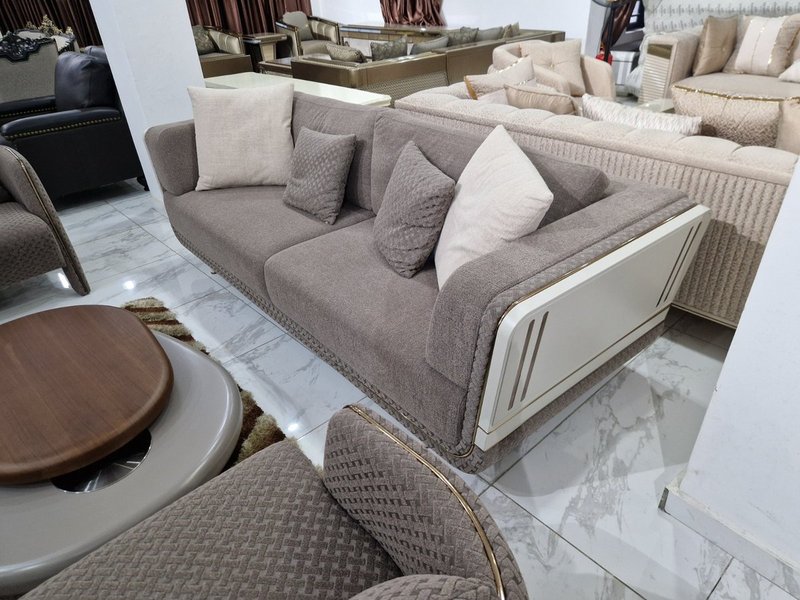 Contemporary Warm Grey Upholstered Living Room Suite with Curved Accent Armchairs - Image 2