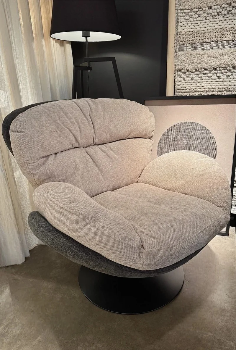 Modern Ergonomic Textured Fabric Swivel Lounge Chair in Beige & Brown - Image 3