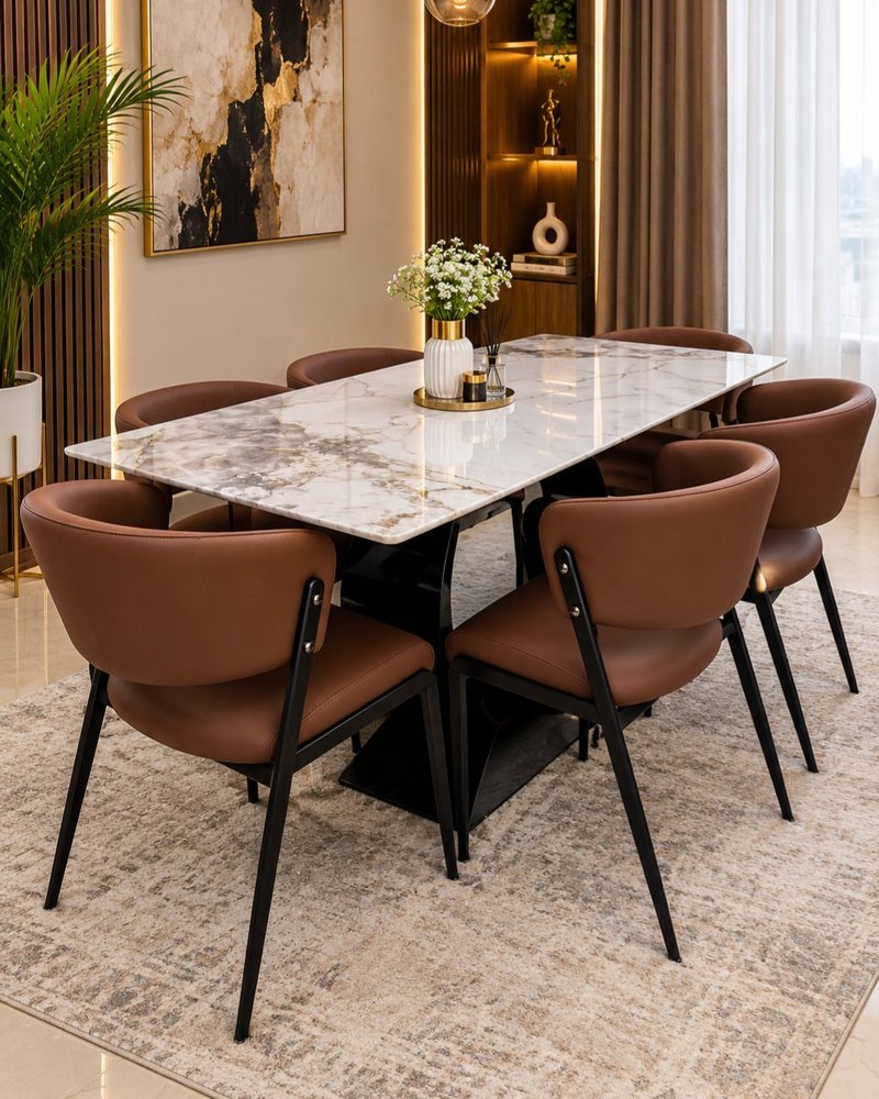 Modern Marble-Pattern Porcelain 6-Seater Dining Set with Leatherette Armchairs - Image 3