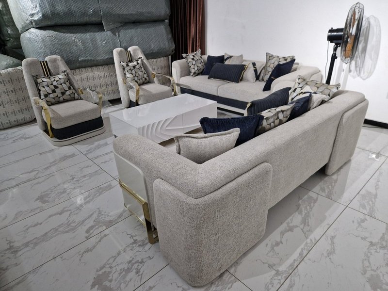 Contemporary Light Grey & Navy Blue Living Room Sofa Suite with Gold Metal Frame Accents - Image 1