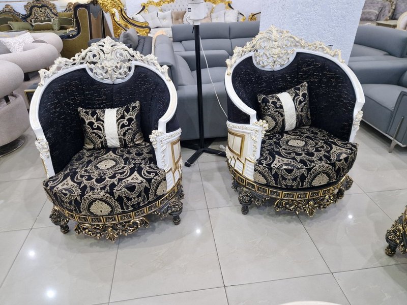 Royal Baroque Black & Gold Curved Living Room Suite with Cream Marble-Top Tables - Image 4