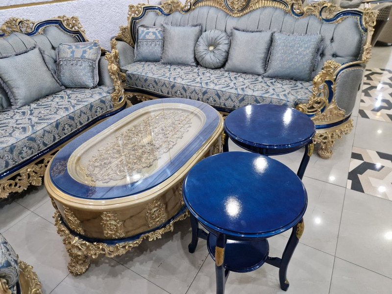 Royal Baroque Sky Blue & Royal Blue Velvet Living Room Suite with Gold Carvings - Image 1