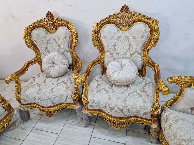 Egyptian Royal Classic Hand-Carved Gold & Damask Sofa Set - Image 3