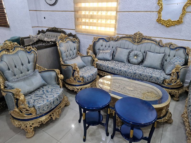 Royal Baroque Sky Blue & Royal Blue Velvet Living Room Suite with Gold Carvings - Image 3