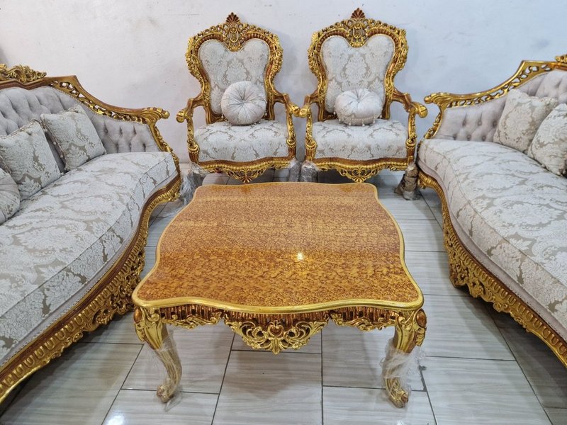 Egyptian Royal Classic Hand-Carved Gold & Damask Sofa Set - Image 4