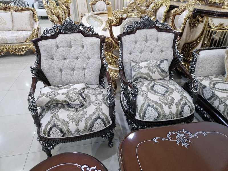 Royal Dark Mahogany & Silver Carved Living Room Suite with Button-Tufted Upholstery - Image 2