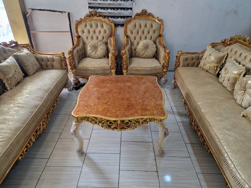 Egyptian Royal Imperial Hand-Carved Gold & Champagne Sofa Set - Image 2