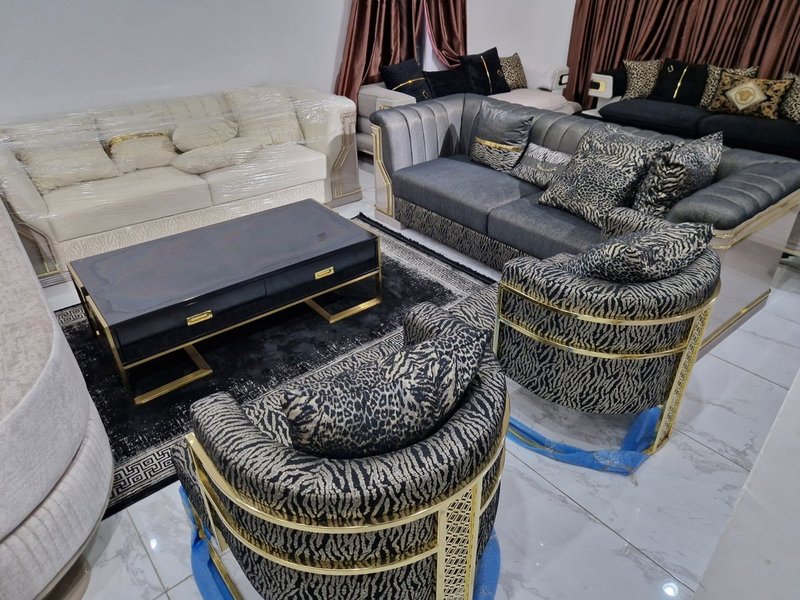 Charcoal Grey & Gold Channel-Tufted Sectional Living Room Suite with Animal Print Accent Chairs - Image 1