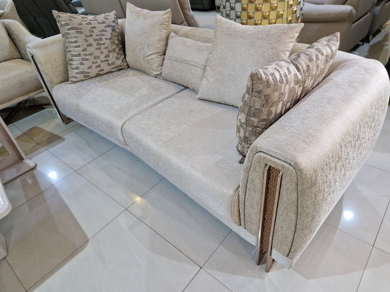 Luxury Modern Beige Velvet Sofa Set with Rose Gold Trim & Accent Coffee Table - Image 4