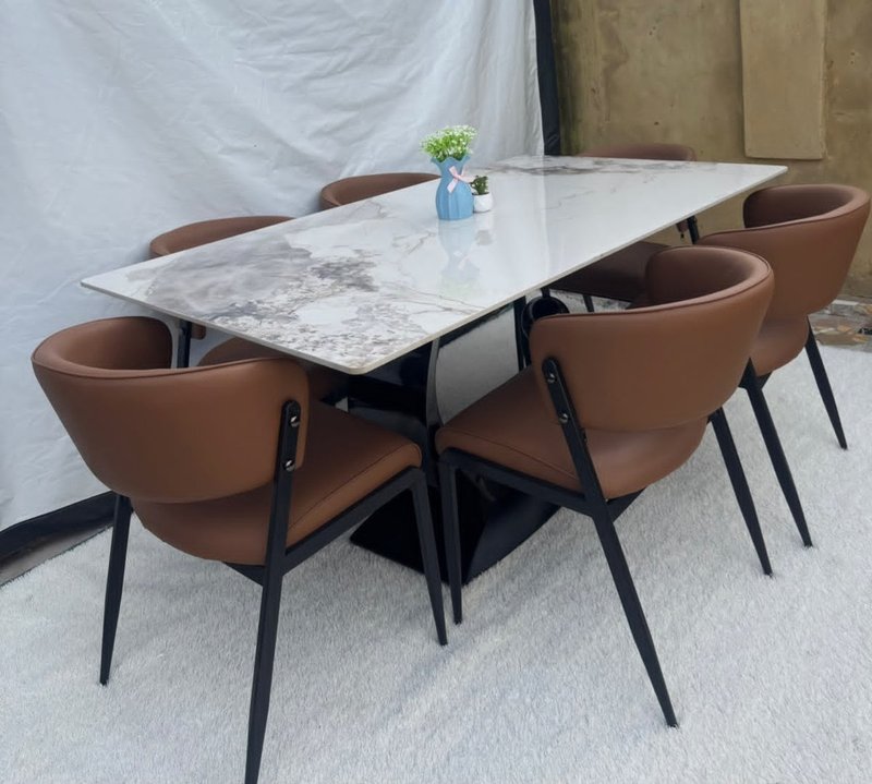 Modern Marble-Pattern Porcelain 6-Seater Dining Set with Leatherette Armchairs - Image 5