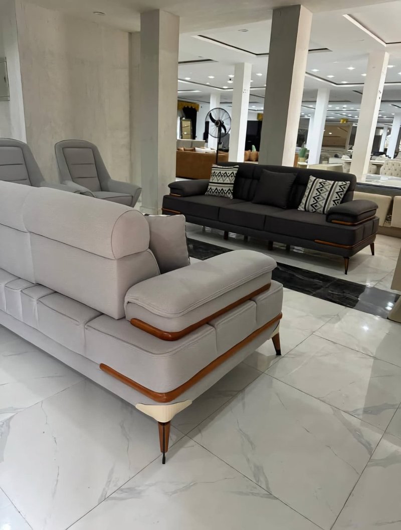Modern Dual-Tone Charcoal & Light Grey Fabric Sofa Set with Wood Trim - Image 1