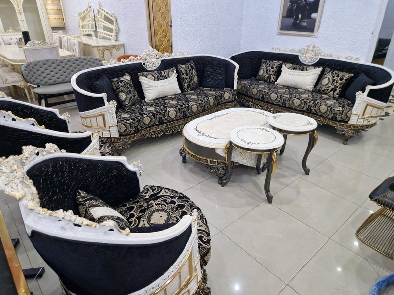 Royal Baroque Black & Gold Curved Living Room Suite with Cream Marble-Top Tables - Image 1