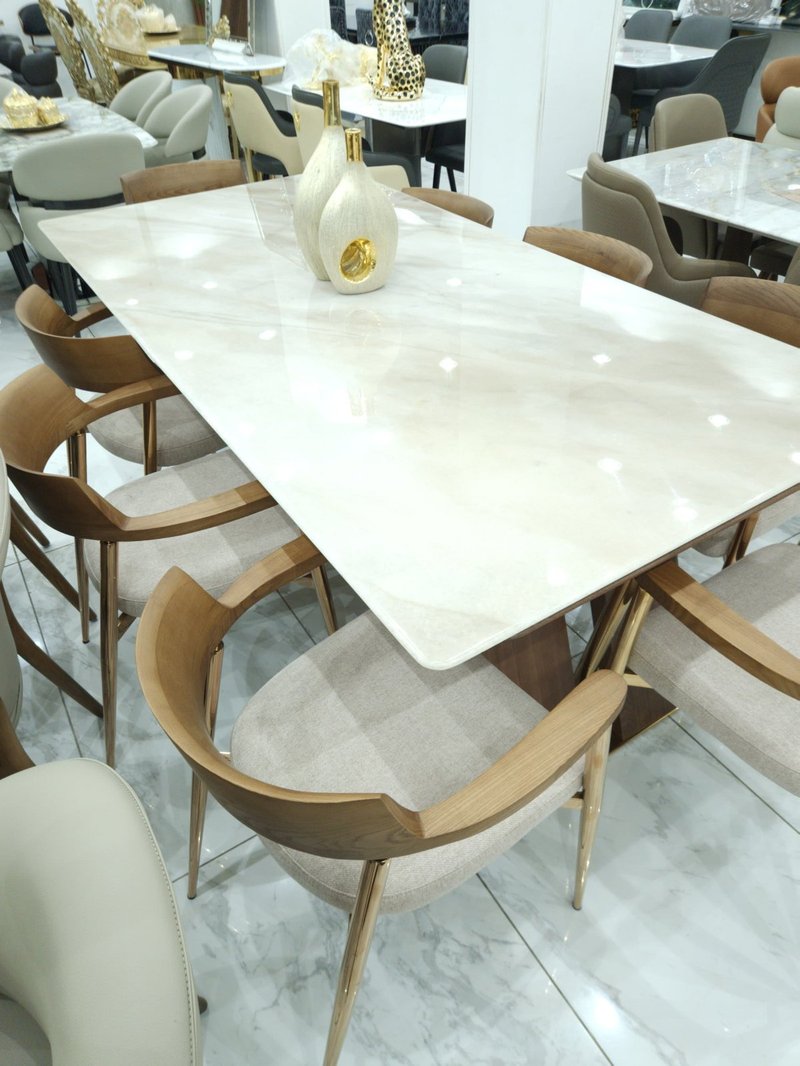 Modern Luxury White Marble Dining Set with 8 Walnut Armchairs - Image 1