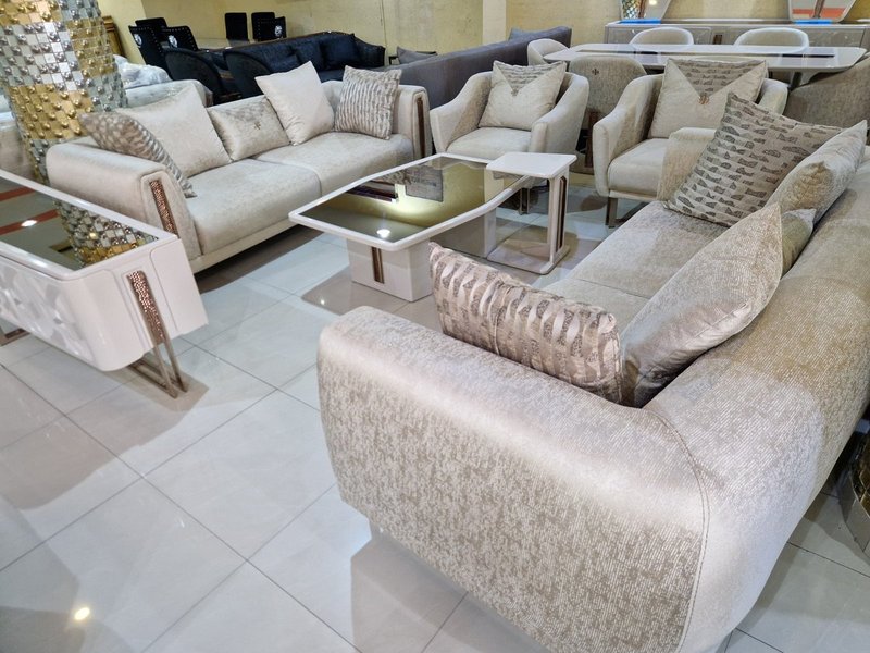 Luxury Modern Beige Velvet Sofa Set with Rose Gold Trim & Accent Coffee Table - Image 1