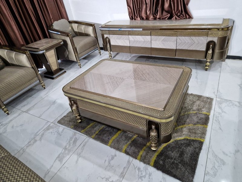 Royal Metallic Bronze Upholstered Living Room Suite with Woven Panel Detailing - Image 5