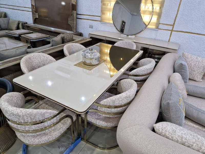 Contemporary Blush Beige Living Room & Dining Suite with Gold Frame Accents - Image 4
