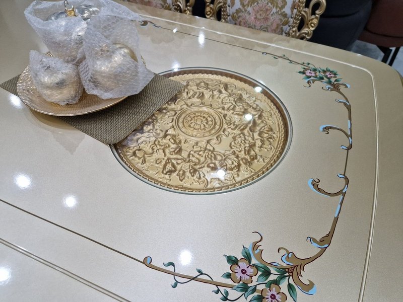 Royal Baroque 8-Seater Gold Dining Set with Carved Frames & Damask Upholstery - Image 4