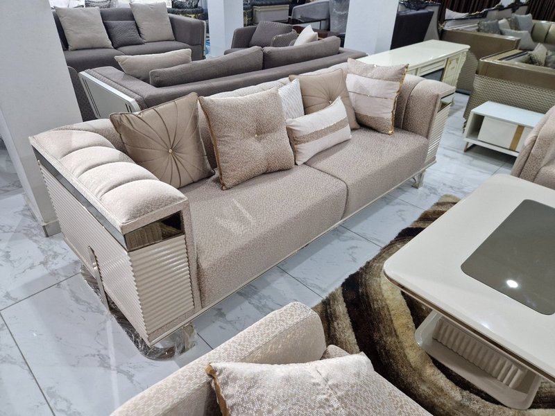 Luxury Champagne Beige Fabric Sofa Set with Gold Accents & Fluted Detailing - Image 2