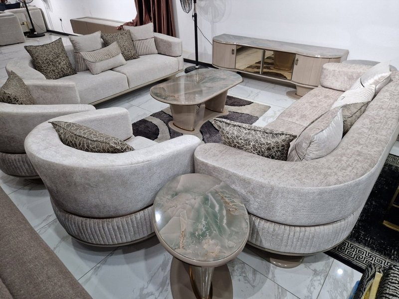 Champagne Beige Velvet Living Room Suite with Fluted Base & Marble-Top Tables - Image 2