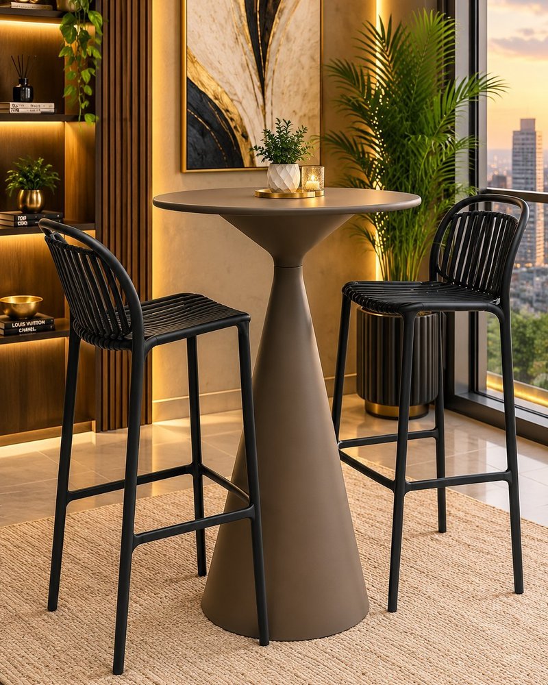 Modern Indoor-Outdoor Conical Pedestal High-Bar Table Set with 2 Stools - Image 2