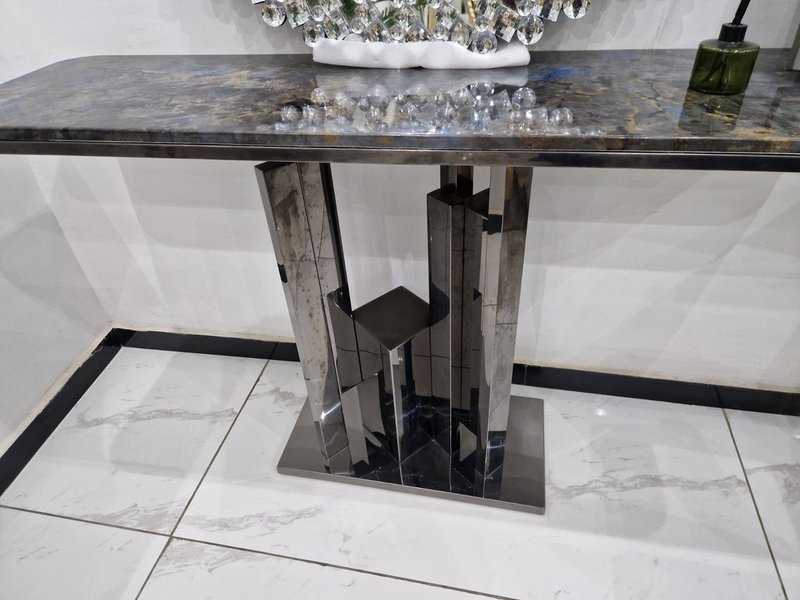 Luxury Dark Marble Top Console Table with Mirrored Geometric Base - Image 2