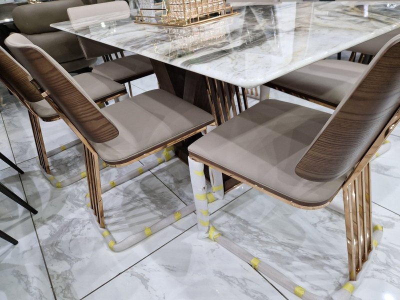 Modern Luxury Faux Marble Dining Table Set with Gold Accent Chairs - Image 2