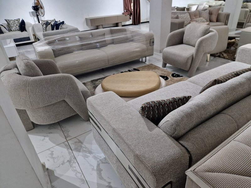 Contemporary Textured Beige Fabric Living Room Suite with Sculptural Tub Armchairs - Image 1