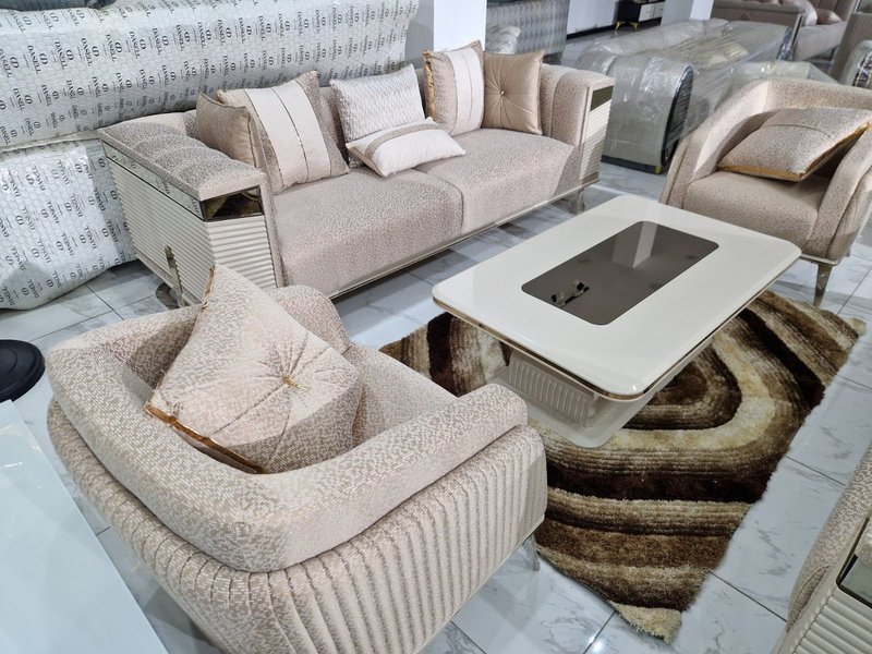 Luxury Champagne Beige Fabric Sofa Set with Gold Accents & Fluted Detailing - Image 3