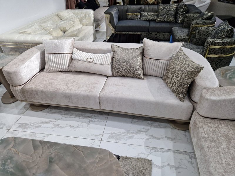 Champagne Beige Velvet Living Room Suite with Fluted Base & Marble-Top Tables - Image 3