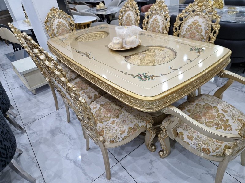 Royal Baroque 8-Seater Gold Dining Set with Carved Frames & Damask Upholstery - Image 1