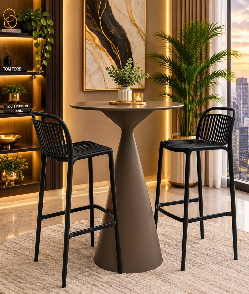 Modern Indoor-Outdoor Conical Pedestal High-Bar Table Set with 2 Stools - Image 4