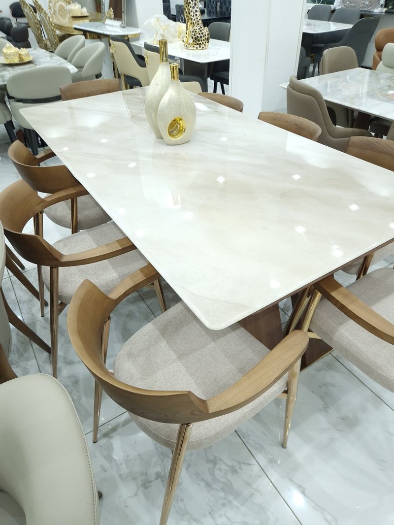 Modern Luxury White Marble Dining Set with 8 Walnut Armchairs - Image 4