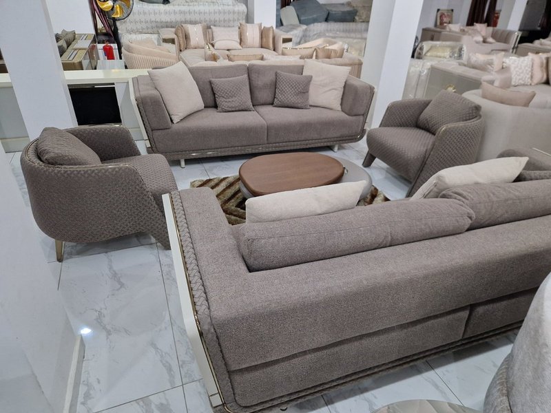 Contemporary Warm Grey Upholstered Living Room Suite with Curved Accent Armchairs - Image 1