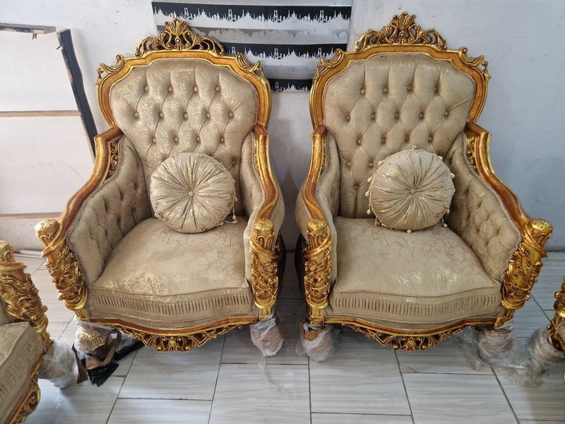 Egyptian Royal Imperial Hand-Carved Gold & Champagne Sofa Set - Image 3