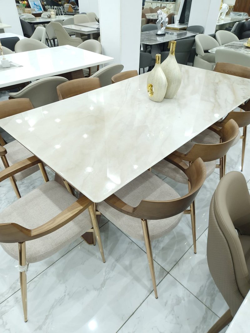 Modern Luxury White Marble Dining Set with 8 Walnut Armchairs - Image 2