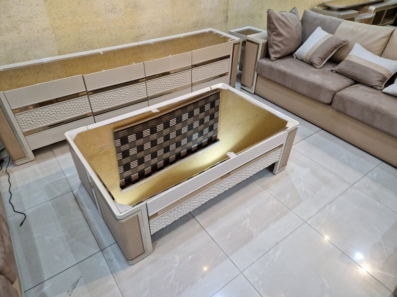 Modern Luxury Cream & Beige Sofa Set with TV Stand, Coffee Table & Side Stools - Image 4
