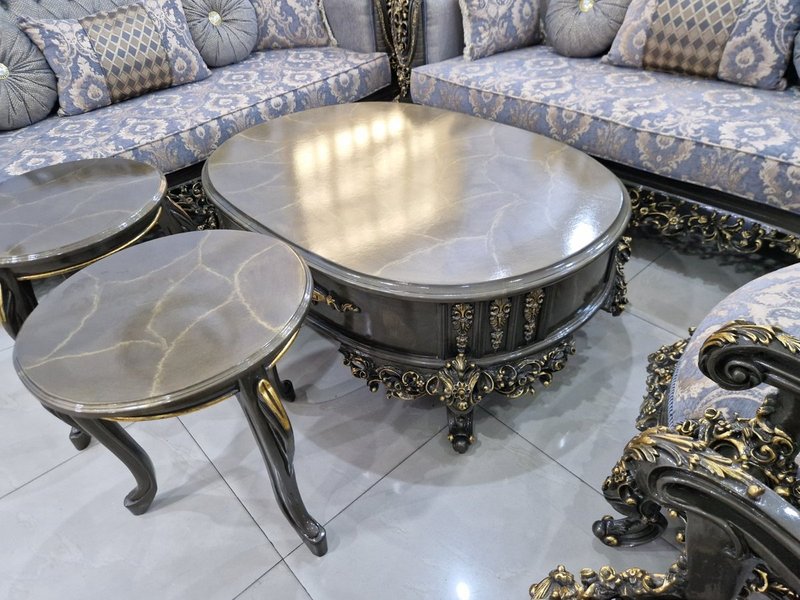 Royal Baroque Charcoal & Gold Carved Living Room Suite with Slate Blue Damask Upholstery - Image 4